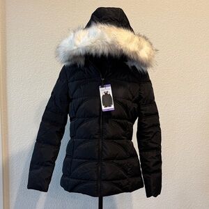 Nautica Women's Black Puffer Coat with Faux Fur Trim